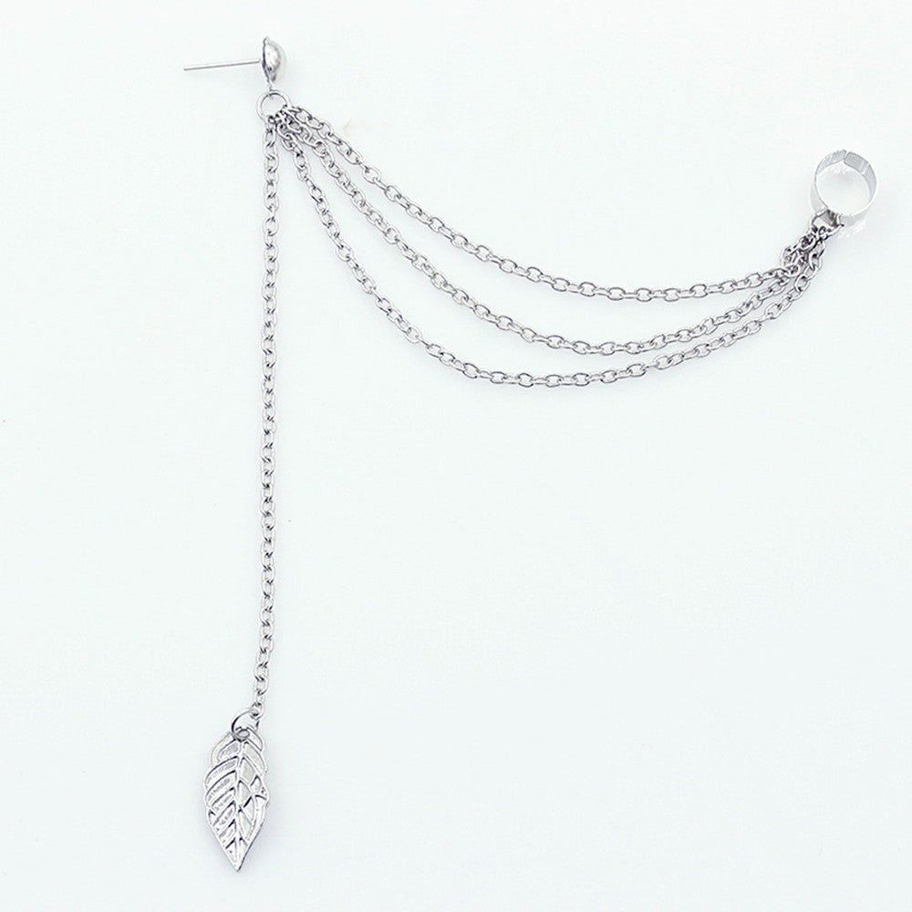 Metal leaf leaf tassel earrings ear clip jewelry women