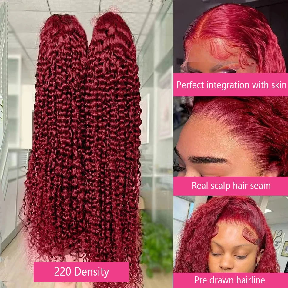 30 40 Inch 13x6 HD 99J Burgundy Deep Wave Lace Front Human Hair Wigs 13x4 Lace Frontal Red Colored Water Curly Wig Women