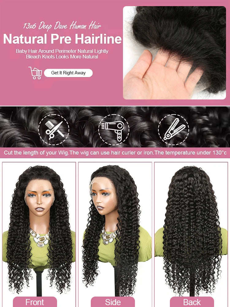 High Density 300% 40 50 Inches Deep Wave 13x6 HD Lace Front Human Hair Wig Loose Water Wave Curly 13x4 360 Full Lace Frontal Wig