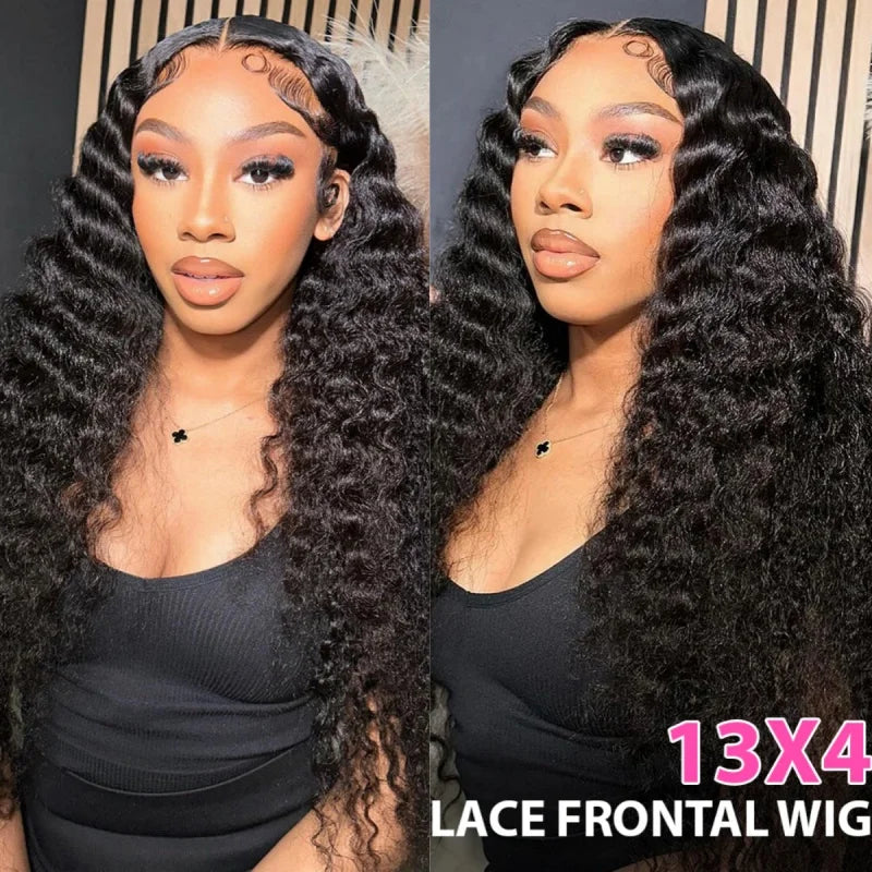250 Density Deep Curly Human Hair Wig 13x4 HD Transparent Lace Frontal Wig Deep Wave Human Hair Wig Natural Baby Hair Around#1B