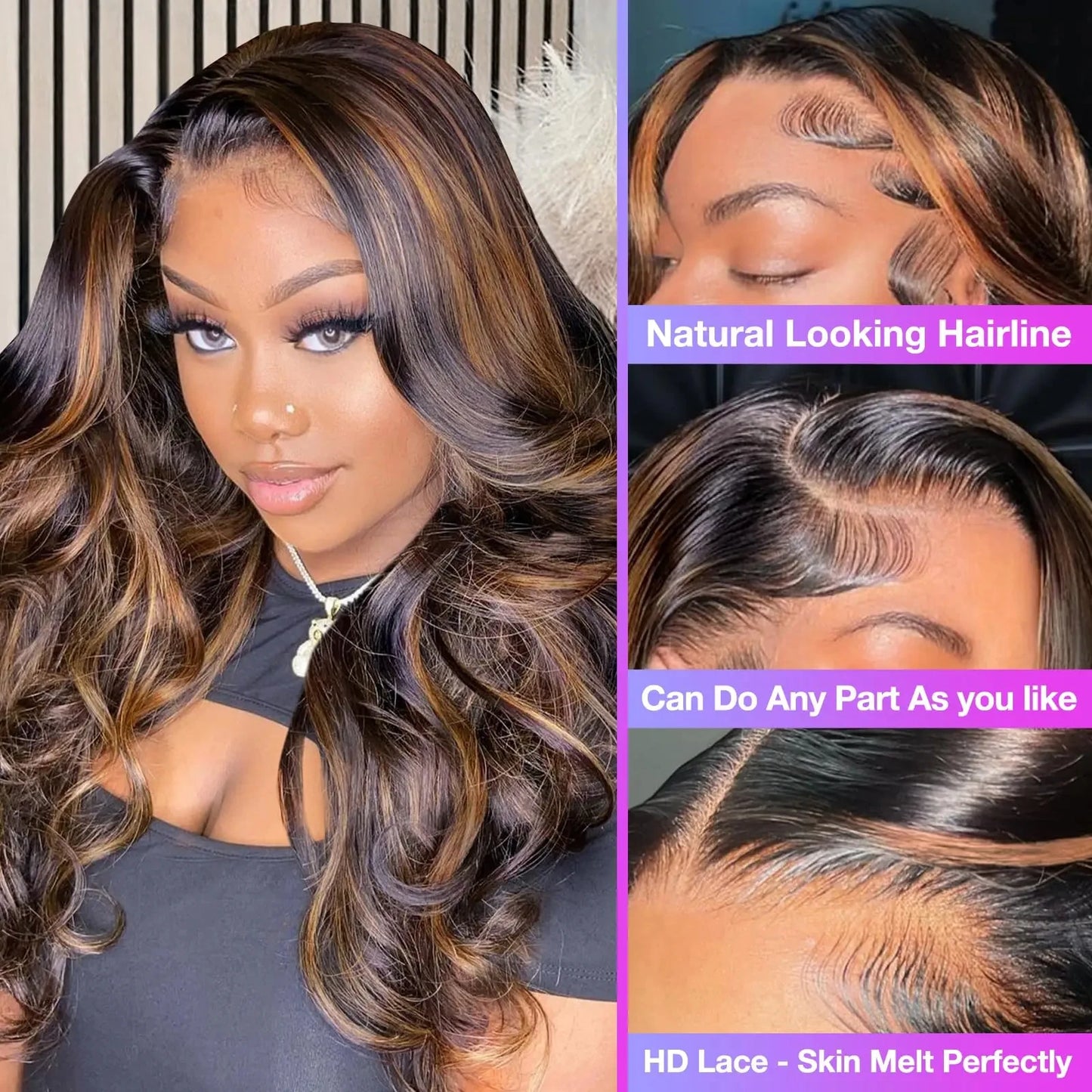 Melodie HD 200% 13X6 Ombre Highlight 1B/30 Black Brown Body Wave Lace Front Human Hair Wigs Transparent 13x4 Lace Frontal Wig