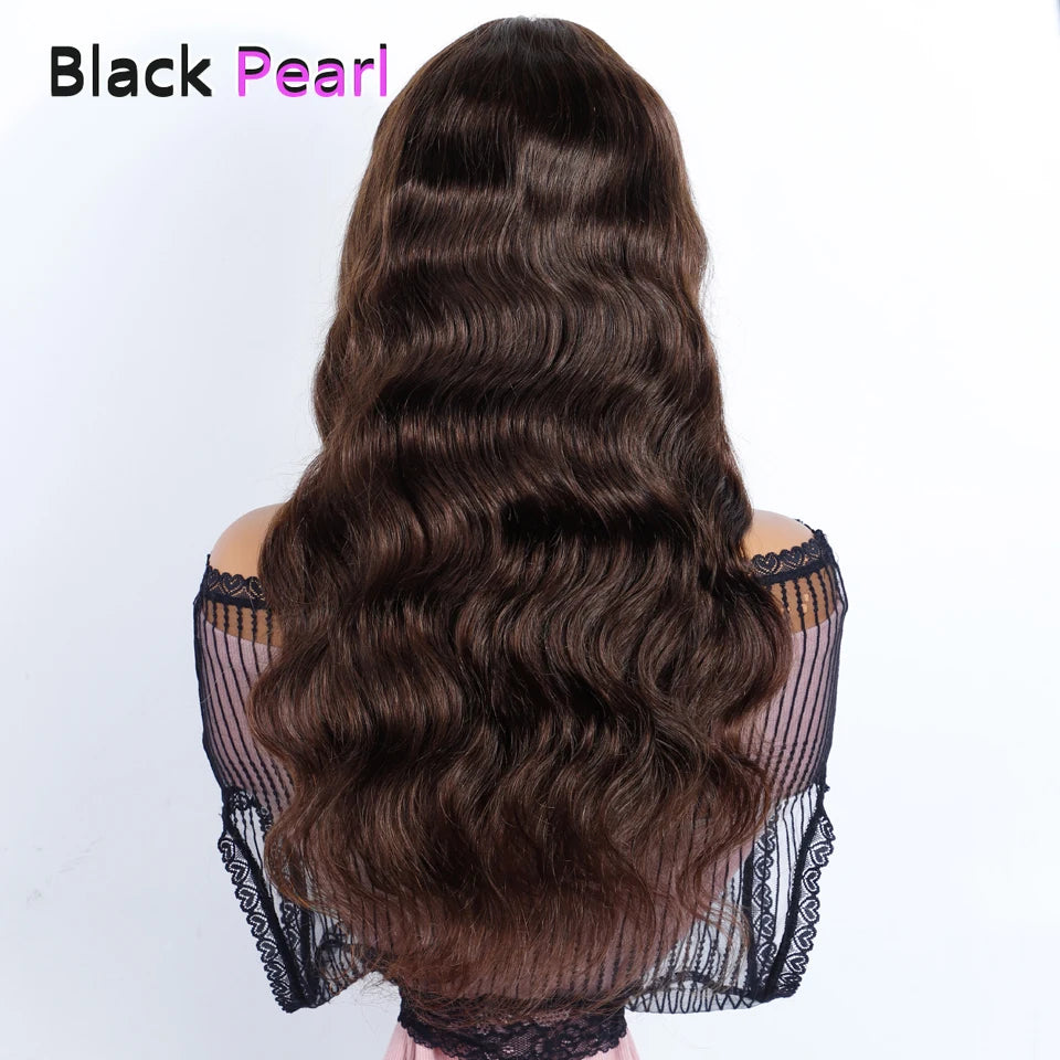 Brazilian Body Wave Human Hair Wig 32" Dark Chocolate Brown HD Lace Front Middle Part Pre-Plucked Natural Looking