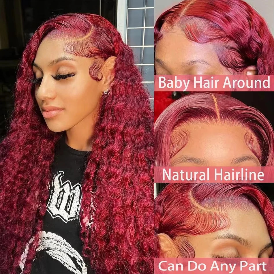 Burgundy 13x6 Hd Lace Frontal Human Hair Wig Deep Wave Curly Wigs For Women Water Wave Colored 99j Red 13x4 Lace Front Wig