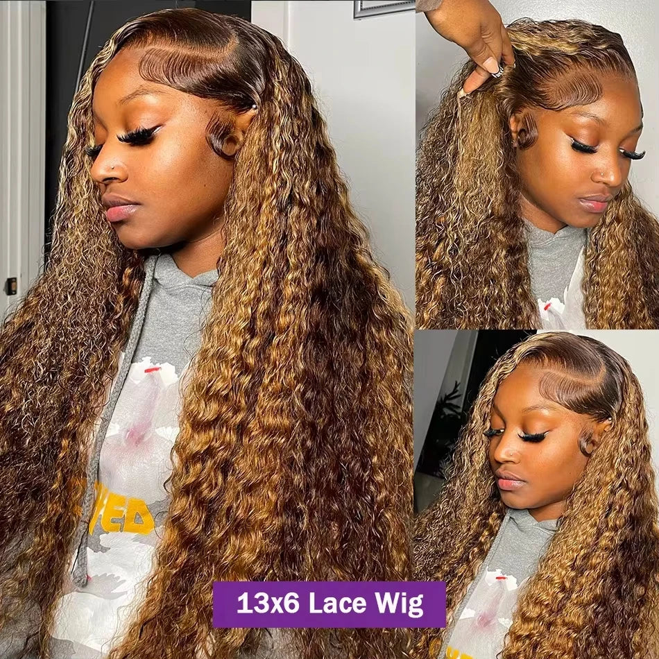 30 Inch Highlight Wig 4/27 Brown Ombre Deep Wave Human Hair Wigs 13x6 HD Lace Frontal Wig 220 Density Transparent Lace Front Wig