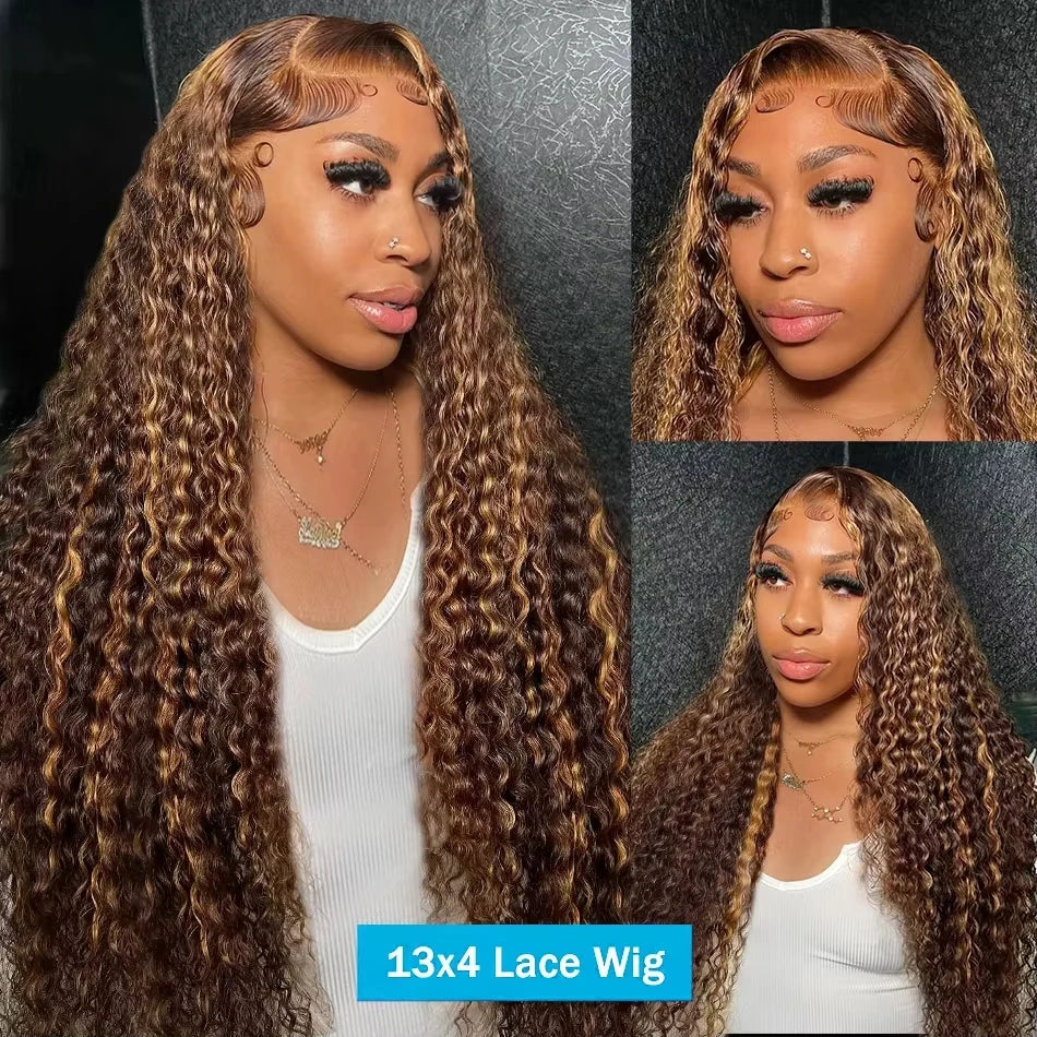 30 Inch Highlight Wig 4/27 Brown Ombre Deep Wave Human Hair Wigs 13x6 HD Lace Frontal Wig 220 Density Transparent Lace Front Wig