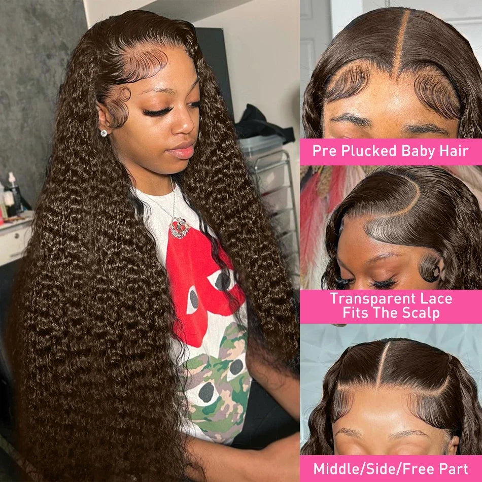 13x4 Chocolate Brown Curly Lace Front Wigs Colored 100% Human Hair Wigs Pre Plucked Deep Wave 13X6 Hd Lace Frontal Brazilian Wig