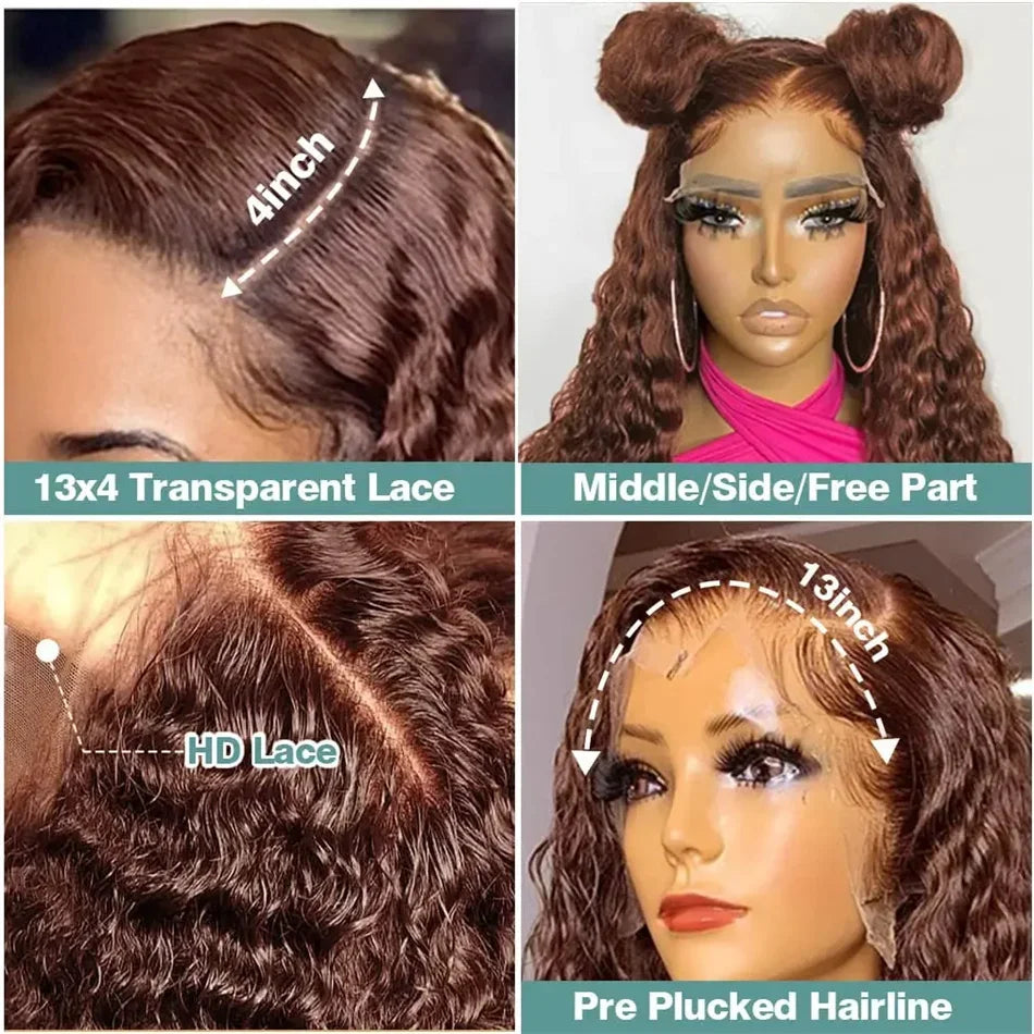 13x4 Chocolate Brown Curly Lace Front Wigs Colored 100% Human Hair Wigs Pre Plucked Deep Wave 13X6 Hd Lace Frontal Brazilian Wig