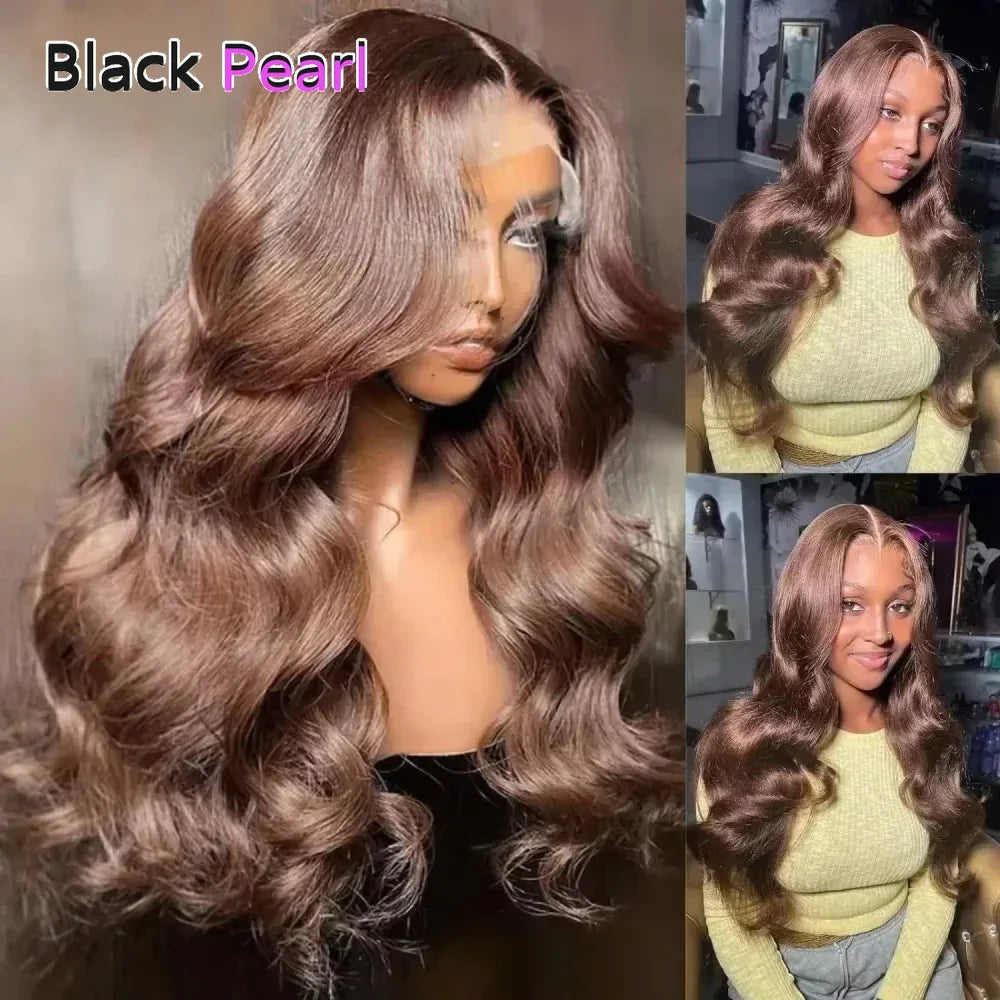 Brazilian Body Wave Human Hair Wig 32" Dark Chocolate Brown HD Lace Front Middle Part Pre-Plucked Natural Looking