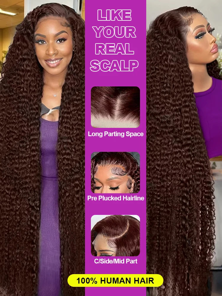Curly Wave Chocolate Brown Coroled High Density 30 Inch Human Hair 13x6 Hd Transparent Lace Frontal Wig Brazilian Hair For Women