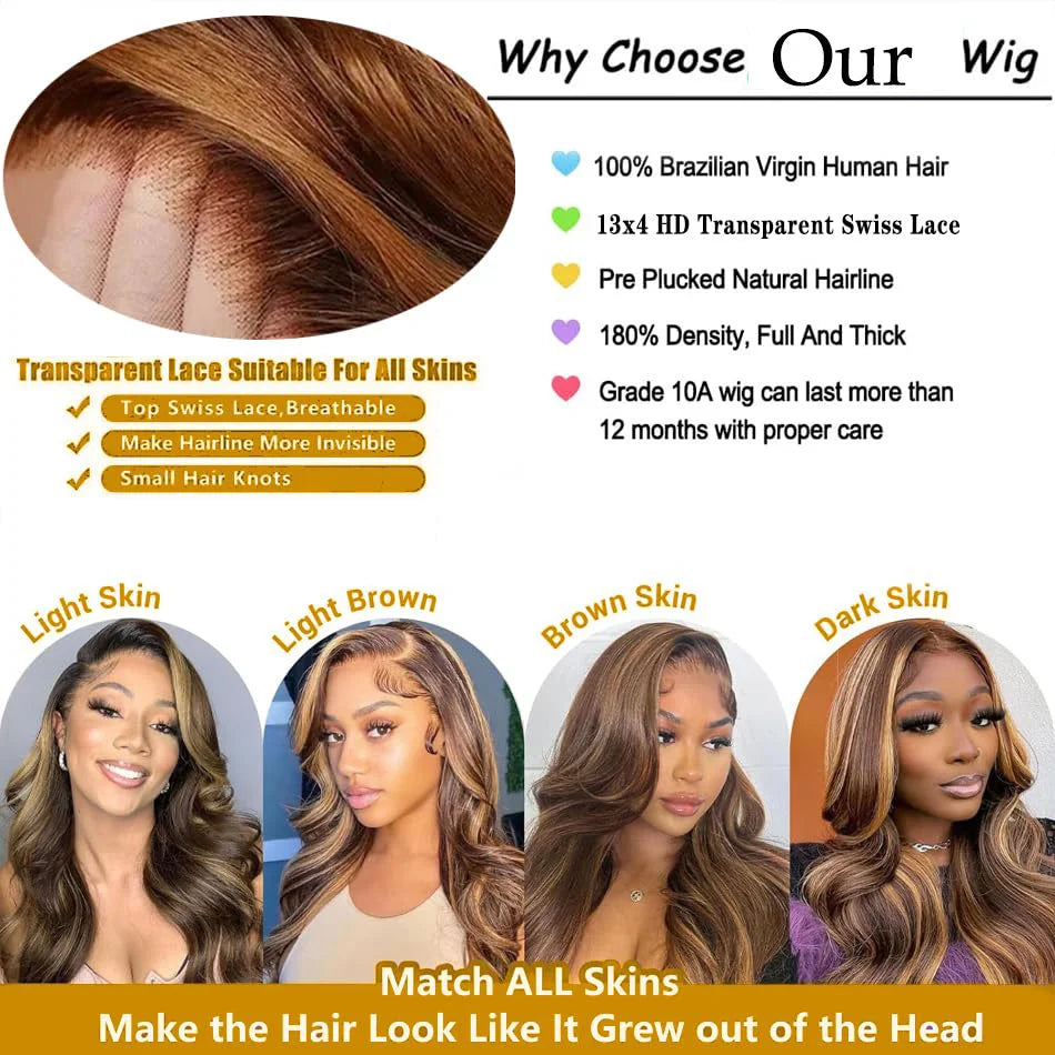 30 Inch Highlight Body Wave Human Hair Wigs Brazilian Ombre Lace Front 13x4 Transparent Lace Frontal Human Hair Wigs Colored