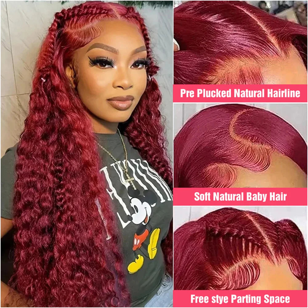 Deep Wave 200 Density Burgundy 13x6 Lace Frontal Curly Human Hair Wig For Women Red Colored 13x4 HD Lace Water Wave Frontal Wigs
