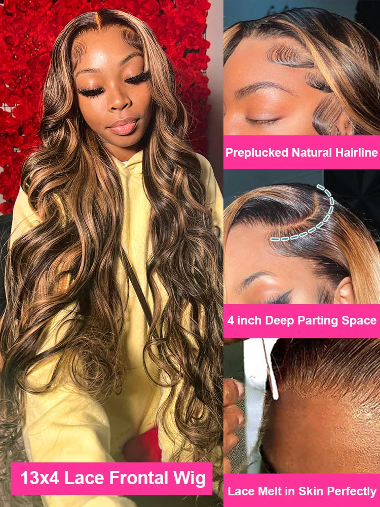 13x6 Highlight Lace Frontal Wig Human Hair Body Wave Ombre Colored Honey Blonde Lace Front Human Hair Wigs For Women Pre Plucked