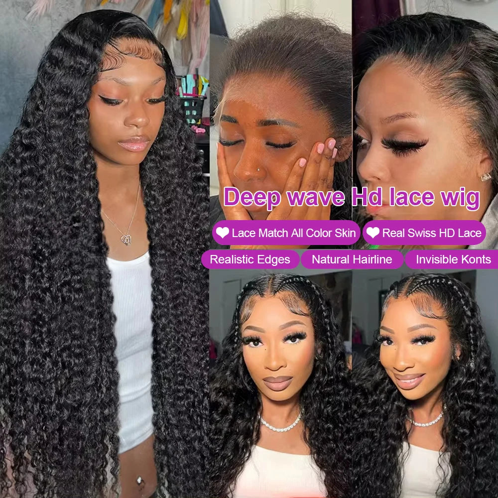 250 Density HD 13X6 Transparent Deep Water Wave Curly Human Hair Lace Frontal Wig 30 40 Inch 13X4 360Lace Front Human Hair Wigs