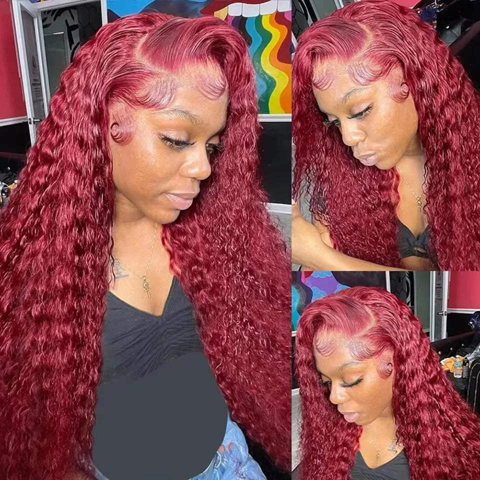 30 40 Inch 99J Burgundy Curly 13x6 HD Lace Frontal Wigs Human Hair Brazilian 13x4 Colored Deep Wave Frontal Wig For Women