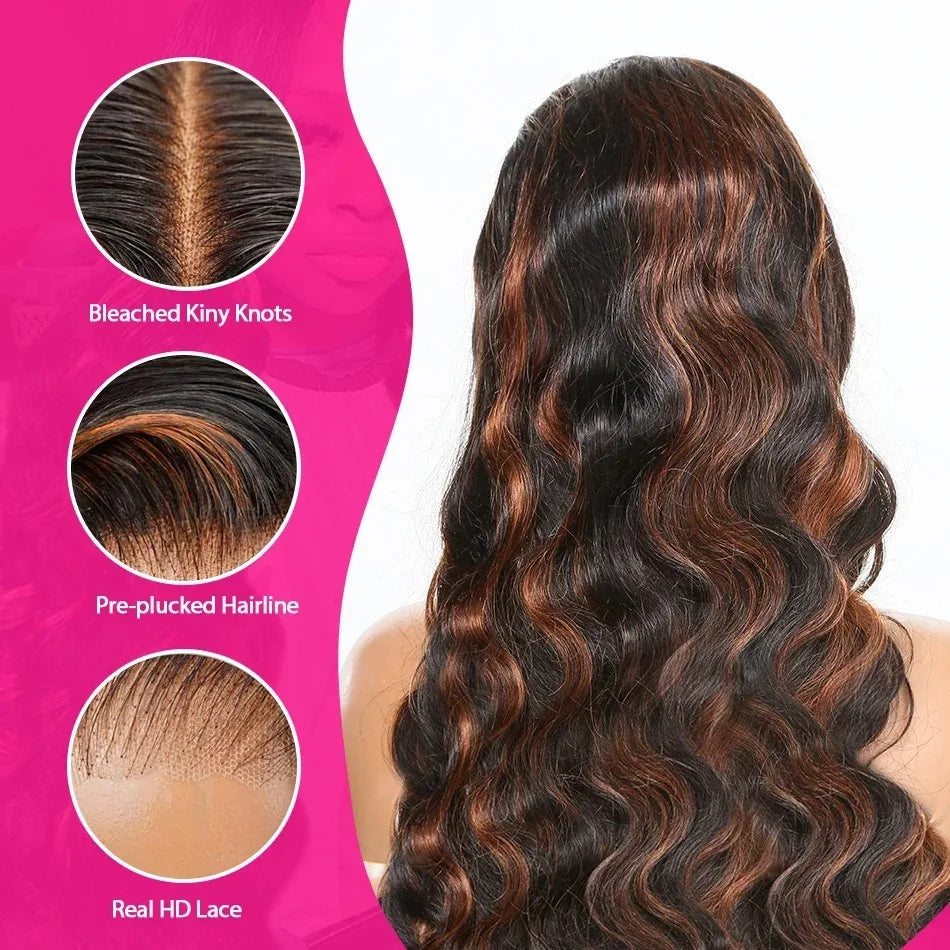 Melodie HD 200% 13X6 Ombre Highlight 1B/30 Black Brown Body Wave Lace Front Human Hair Wigs Transparent 13x4 Lace Frontal Wig