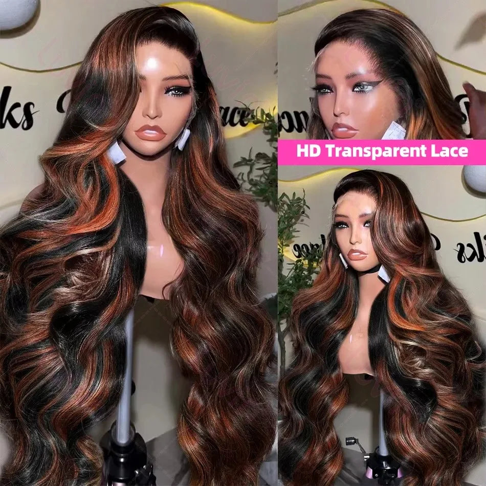 Melodie HD 200% 13X6 Ombre Highlight 1B/30 Black Brown Body Wave Lace Front Human Hair Wigs Transparent 13x4 Lace Frontal Wig
