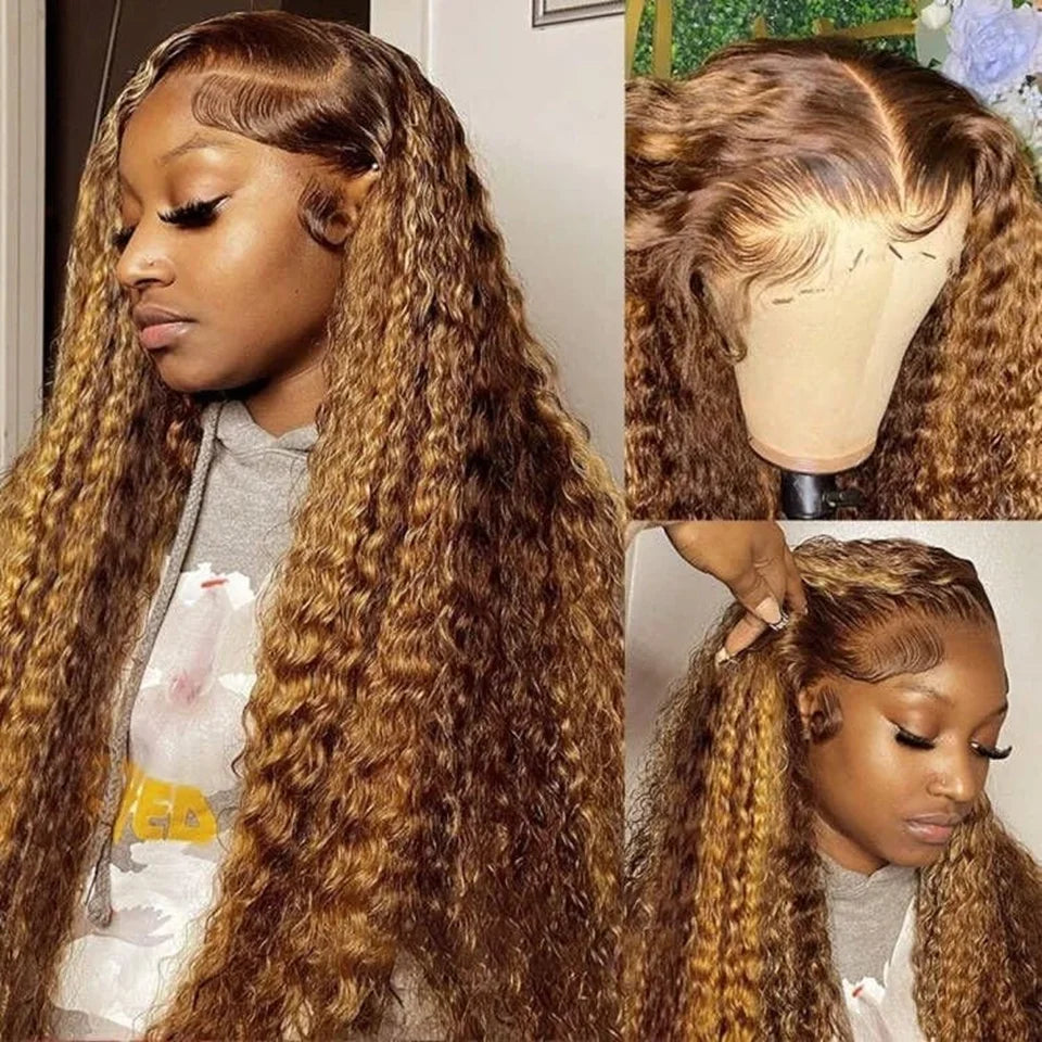 Deep Wave Highlight Lace Front Wigs Human Hair 200 Density Deep Curly Ombre Honey Blonde 4/27 13x6 HD Transparent Lace Front Wig