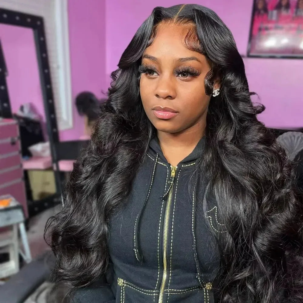 Brazilian Body Wave Human Hair Wig 32" Dark Chocolate Brown HD Lace Front Middle Part Pre-Plucked Natural Looking