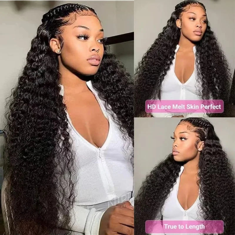 250 Density Deep Curly Human Hair Wig 13x4 HD Transparent Lace Frontal Wig Deep Wave Human Hair Wig Natural Baby Hair Around#1B