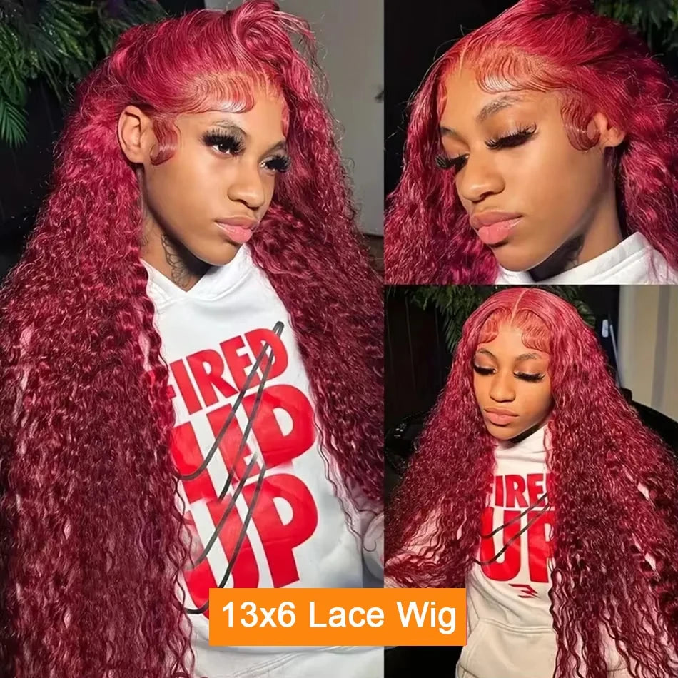 Burgundy 13x6 Hd Lace Frontal Human Hair Wig Deep Wave Curly Wigs For Women Water Wave Colored 99j Red 13x4 Lace Front Wig