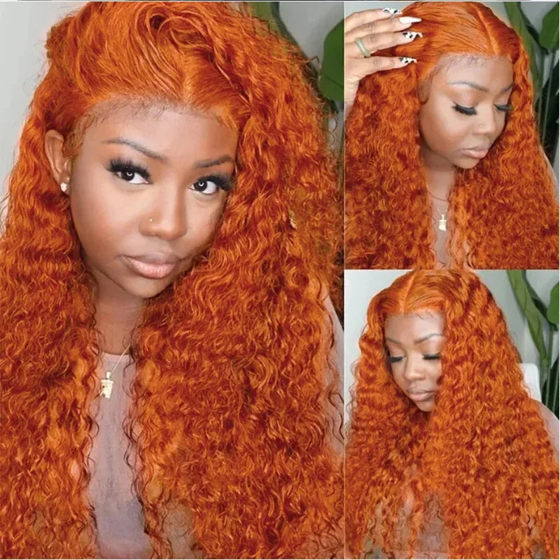 250 Density Orange Ginger 13x6 Transparent Deep Wave Lace Frontal Human Hair Wig 30 40 Inch 13x4 Lace Front Wigs For Women