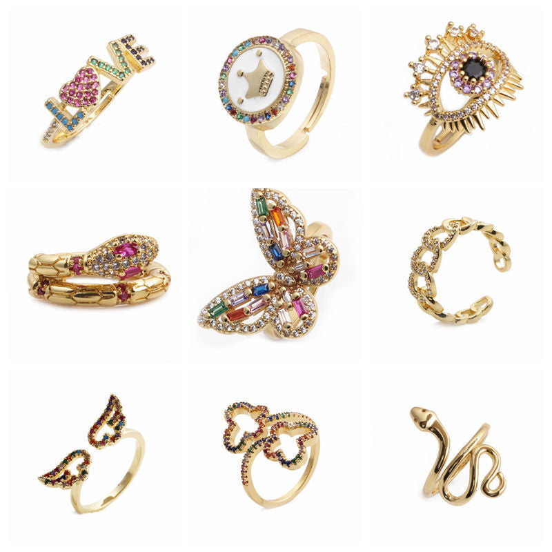 Colorful Zircon Jewelry Micro Setting Gold Adjustable Ring Women