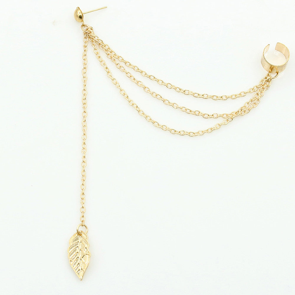 Metal leaf leaf tassel earrings ear clip jewelry women