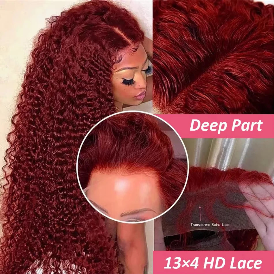 30 40 Inch 13x6 HD 99J Burgundy Deep Wave Lace Front Human Hair Wigs 13x4 Lace Frontal Red Colored Water Curly Wig Women