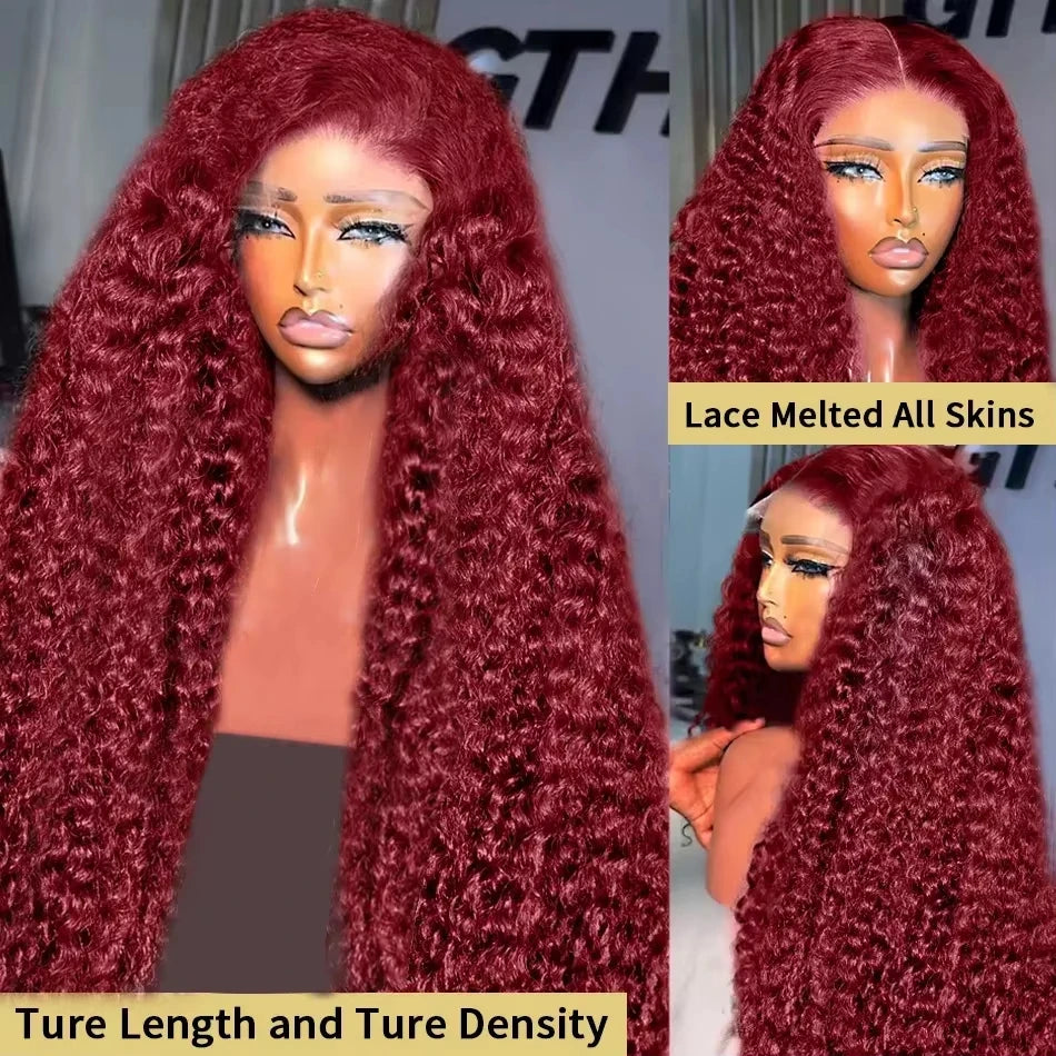 30 40 Inch 13x6 HD 99J Burgundy Deep Wave Lace Front Human Hair Wigs 13x4 Lace Frontal Red Colored Water Curly Wig Women