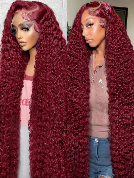 30 40 Inch 13x6 HD 99J Burgundy Deep Wave Lace Front Human Hair Wigs 13x4 Lace Frontal Red Colored Water Curly Wig Women