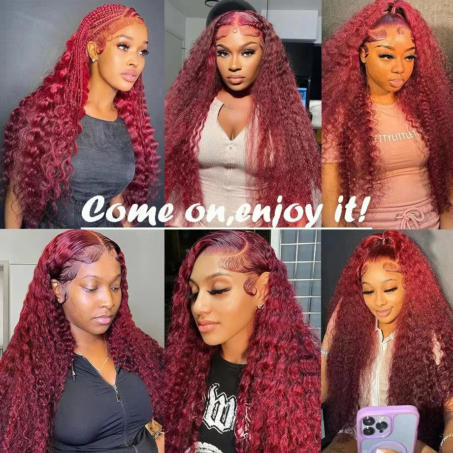30 40 Inch 13x6 HD 99J Burgundy Deep Wave Lace Front Human Hair Wigs 13x4 Lace Frontal Red Colored Water Curly Wig Women
