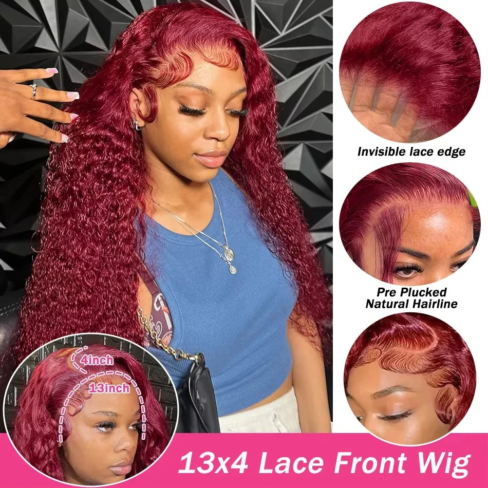 30 40 Inch 13x6 HD 99J Burgundy Deep Wave Lace Front Human Hair Wigs 13x4 Lace Frontal Red Colored Water Curly Wig Women