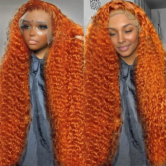 250 Density Orange Ginger 13x6 Transparent Deep Wave Lace Frontal Human Hair Wig 30 40 Inch 13x4 Lace Front Wigs For Women