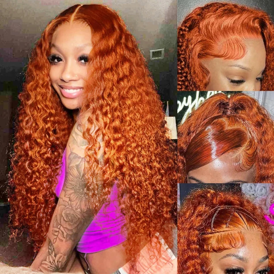 Deep Wave Frontal Wig 13X6 Human Hair Ginger Human Hair Wig 30 Inch Lace Front Wig Colored Brazilian Curly 220 Density For Women