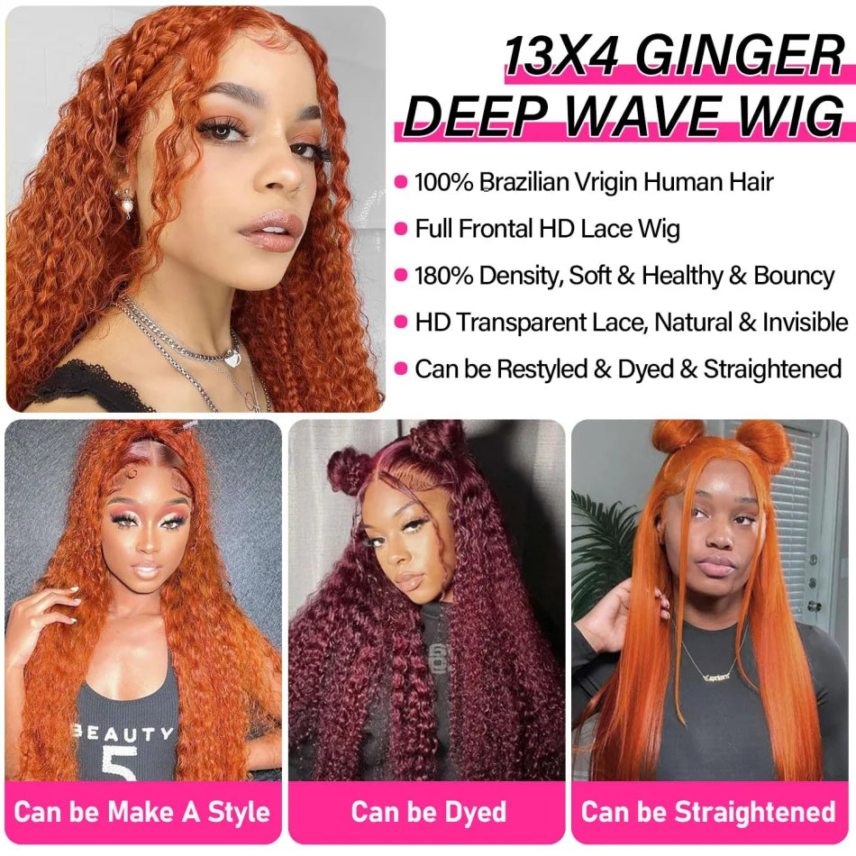 Deep Wave Frontal Wig 13X6 Human Hair Ginger Human Hair Wig 30 Inch Lace Front Wig Colored Brazilian Curly 220 Density For Women