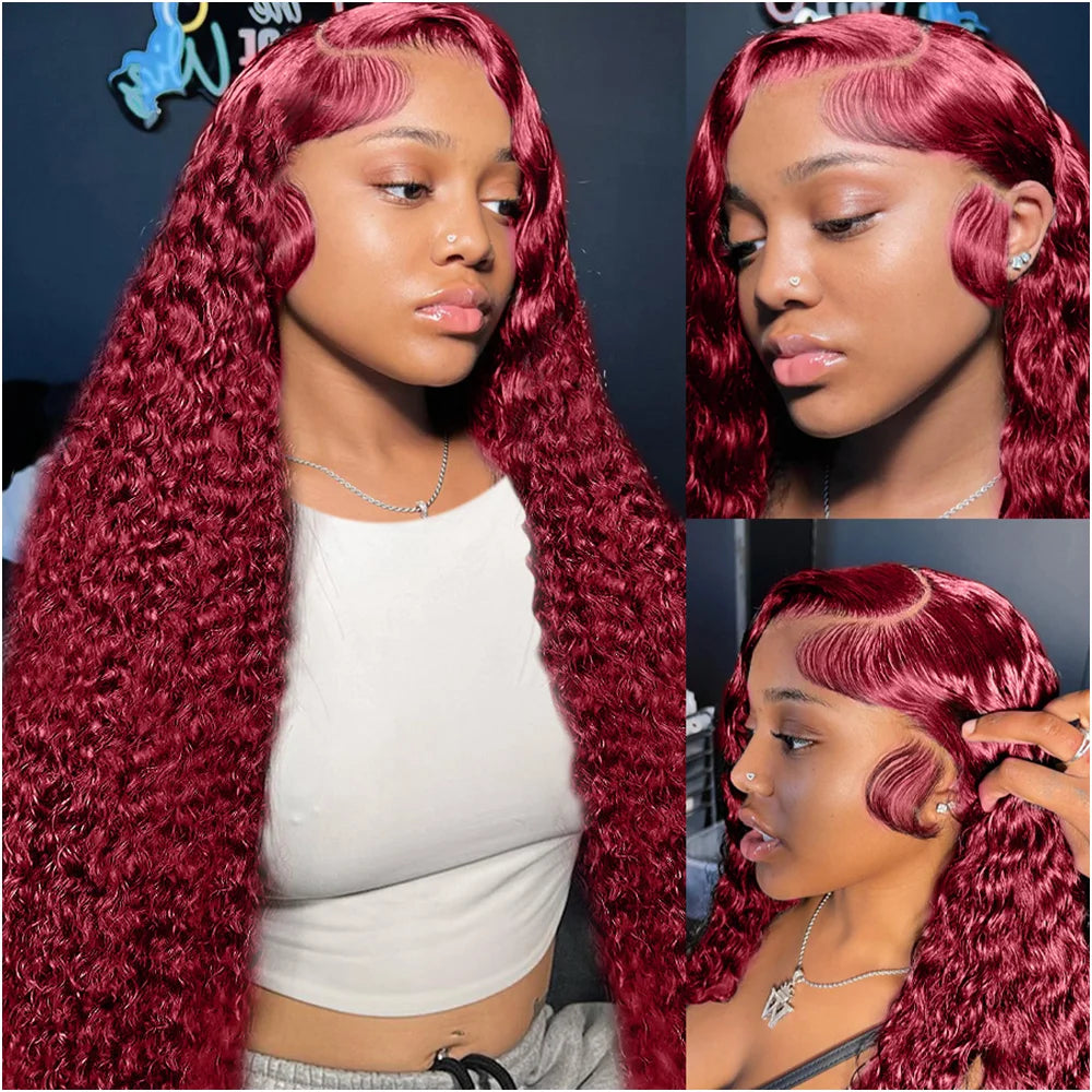 Deep Wave 200 Density Burgundy 13x6 Lace Frontal Curly Human Hair Wig For Women Red Colored 13x4 HD Lace Water Wave Frontal Wigs