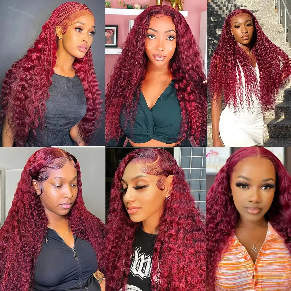 Burgundy 13x6 Hd Lace Frontal Human Hair Wig Deep Wave Curly Wigs For Women Water Wave Colored 99j Red 13x4 Lace Front Wig