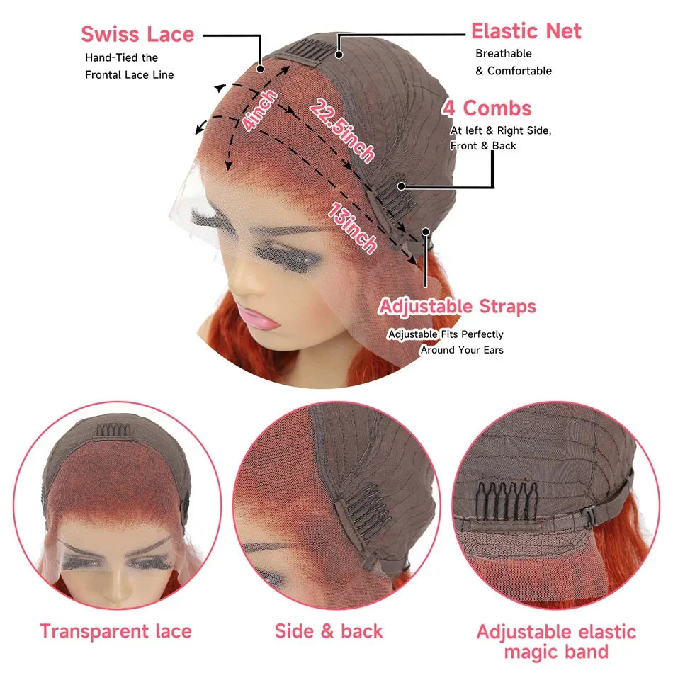250 Density Orange Ginger 13x6 Transparent Deep Wave Lace Frontal Human Hair Wig 30 40 Inch 13x4 Lace Front Wigs For Women