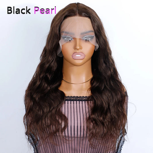 Brazilian Body Wave Human Hair Wig 32" Dark Chocolate Brown HD Lace Front Middle Part Pre-Plucked Natural Looking