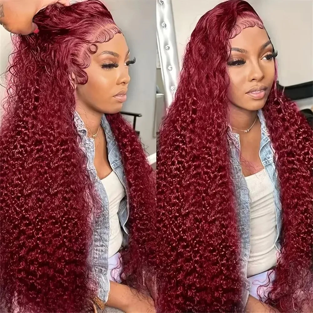30 40 Inch 99J Burgundy Curly 13x6 HD Lace Frontal Wigs Human Hair Brazilian 13x4 Colored Deep Wave Frontal Wig For Women