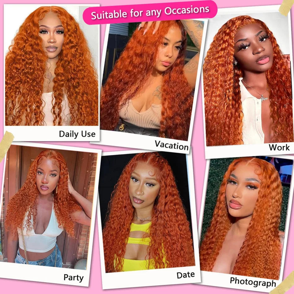 Deep Wave Frontal Wig 13X6 Human Hair Ginger Human Hair Wig 30 Inch Lace Front Wig Colored Brazilian Curly 220 Density For Women