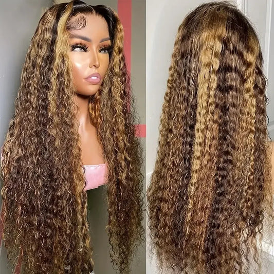 Deep Wave Highlight Lace Front Wigs Human Hair 200 Density Deep Curly Ombre Honey Blonde 4/27 13x6 HD Transparent Lace Front Wig