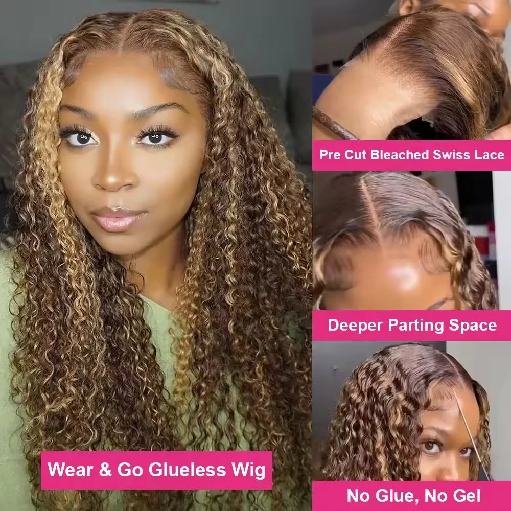 4/27 Highlight Ombre 5x5 Glueless Human Hair Wigs Curly 32 42 Inch Brown Deep Wave 13x6 13x4 HD Lace Frontal Human Hair Wig