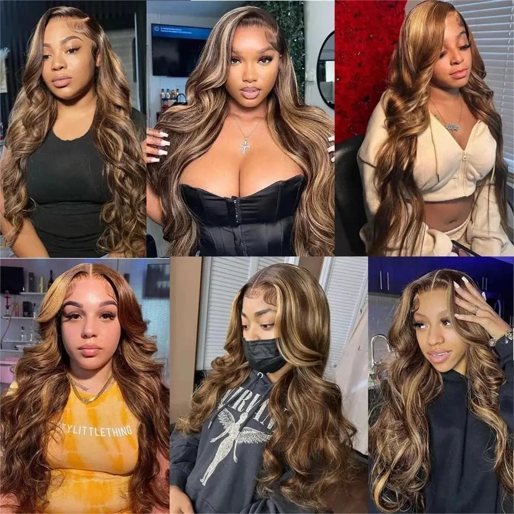 30 Inch Highlight Body Wave Human Hair Wigs Brazilian Ombre Lace Front 13x4 Transparent Lace Frontal Human Hair Wigs Colored