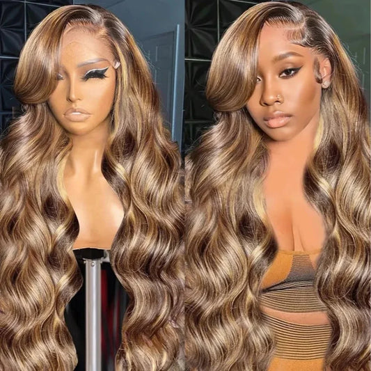 30 Inch Highlight Body Wave Human Hair Wigs Brazilian Ombre Lace Front 13x4 Transparent Lace Frontal Human Hair Wigs Colored