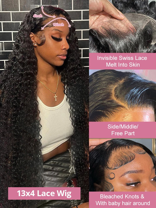 High Density 300% 40 50 Inches Deep Wave 13x6 HD Lace Front Human Hair Wig Loose Water Wave Curly 13x4 360 Full Lace Frontal Wig