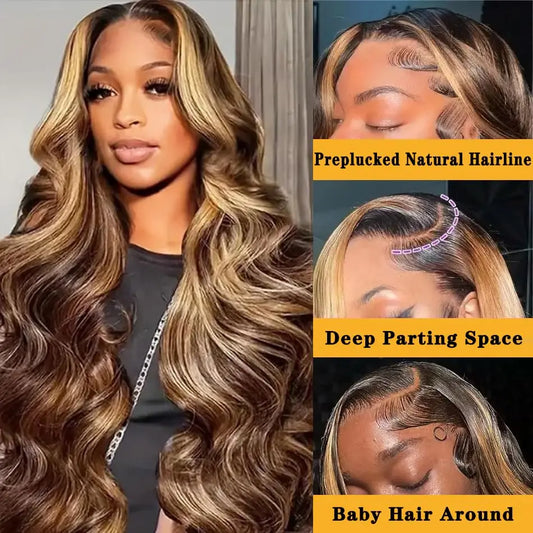 30 Inch Highlight Body Wave Human Hair Wigs Brazilian Ombre Lace Front 13x4 Transparent Lace Frontal Human Hair Wigs Colored