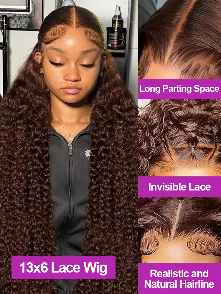 Curly Wave Chocolate Brown Coroled High Density 30 Inch Human Hair 13x6 Hd Transparent Lace Frontal Wig Brazilian Hair For Women
