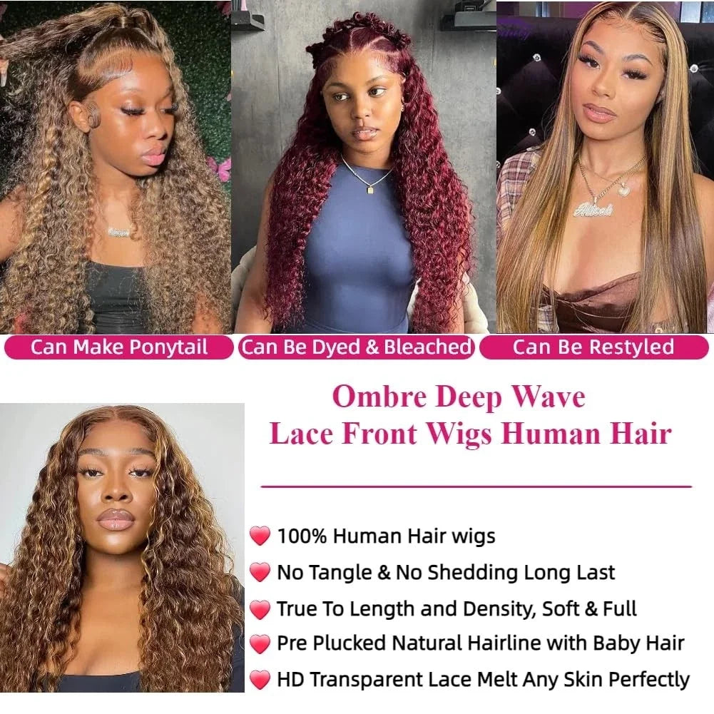 Deep Wave Highlight Lace Front Wigs Human Hair 200 Density Deep Curly Ombre Honey Blonde 4/27 13x6 HD Transparent Lace Front Wig