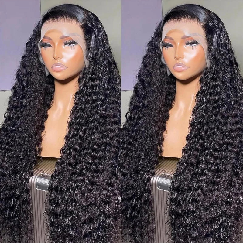 250 Density Deep Curly Human Hair Wig 13x4 HD Transparent Lace Frontal Wig Deep Wave Human Hair Wig Natural Baby Hair Around#1B